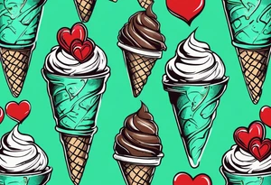 mint chocolate chip ice cream cone with small red heart on it somewhere. tattoo idea