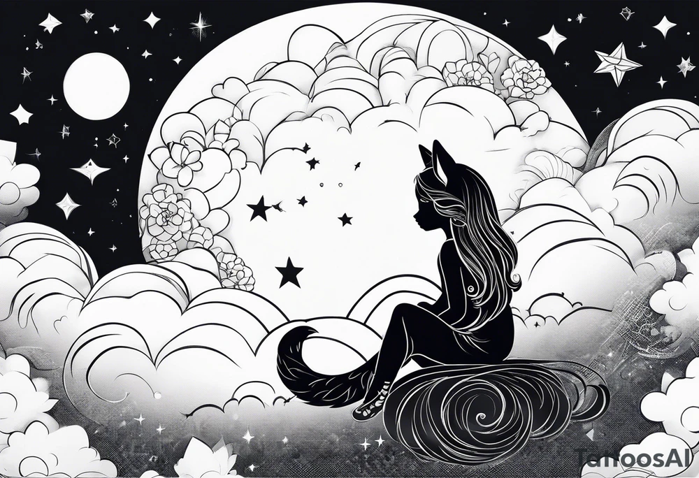 little girl with a fox sit side by side on a cloud and look at the stars tattoo idea