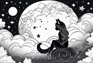 little girl with a fox sit side by side on  a cloud and look at the stars tattoo idea