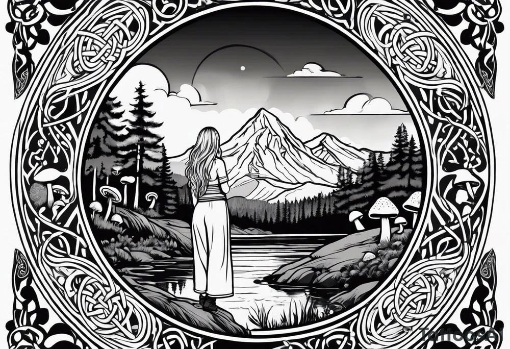 Whole picture encircled fully

Straight long blonde hair hippie girl in distance holding mushrooms in hand facing away toward mountains and creek surrounded by mushrooms long sleeve shirt and hiking pants; whole rendering within a full celtic circle border, no cut off circle tattoo idea
