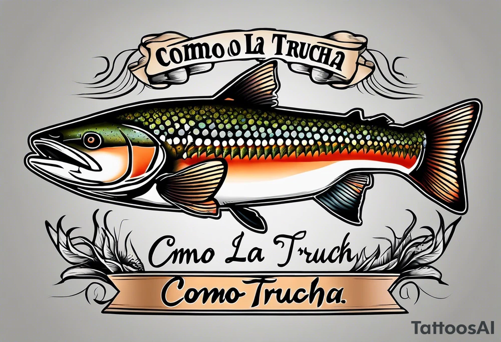 A small tattoo with a shaded trout and text that says, 'Como la trucha...' drawn with fine lines." tattoo idea