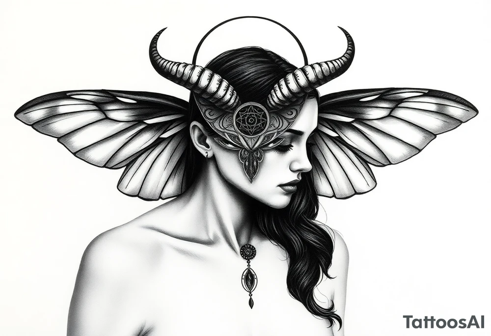 A powerful extremely sexy depiction of a start date with angel wings resembling that of a lunar moth and horns resembling the moths antennas with the son of of her head as if a Halo with two crescent men's off to each side full frontal tattoo idea