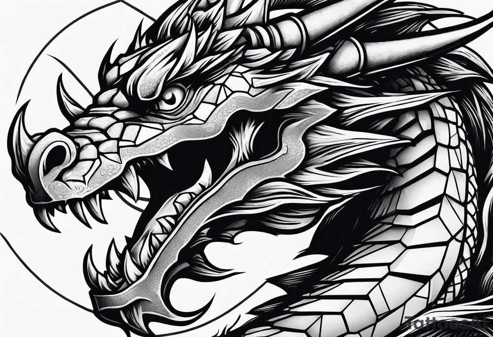 Dragon biting a dumbbell tattoo idea