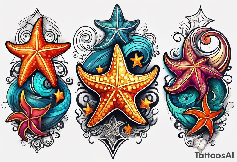 set of 3 star fish of with 3 different bright colors and 3 different shapes tattoo idea