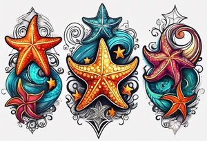 set of 3 star fish of with 3 different bright colors and 3 different shapes tattoo idea