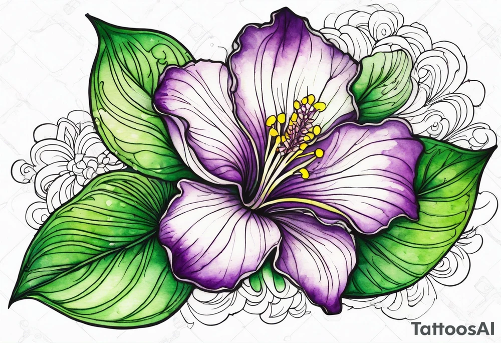 An outline of a rio dipladenia flower with a green and purple watercolor background tattoo idea