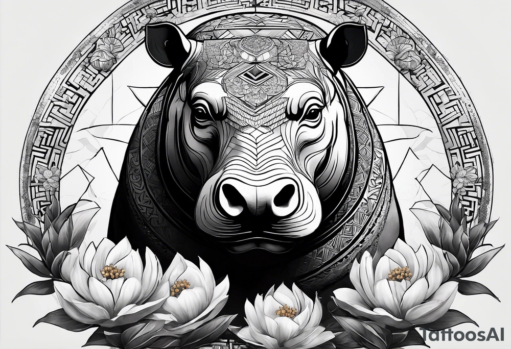 Very asymmetrical, +geometric pattern, with realistic full moon, with seeious looking hippo, +zen feel, + Buddhism touch, +tribal, +geometric
with wintersweet flower bud, +portrait orientation, +inkart touch, tattoo idea