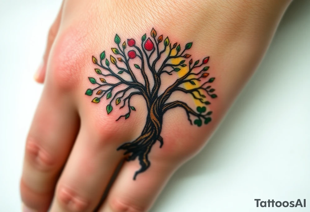 Vibrant tree of life Jamaican and Irish colours tattoo idea