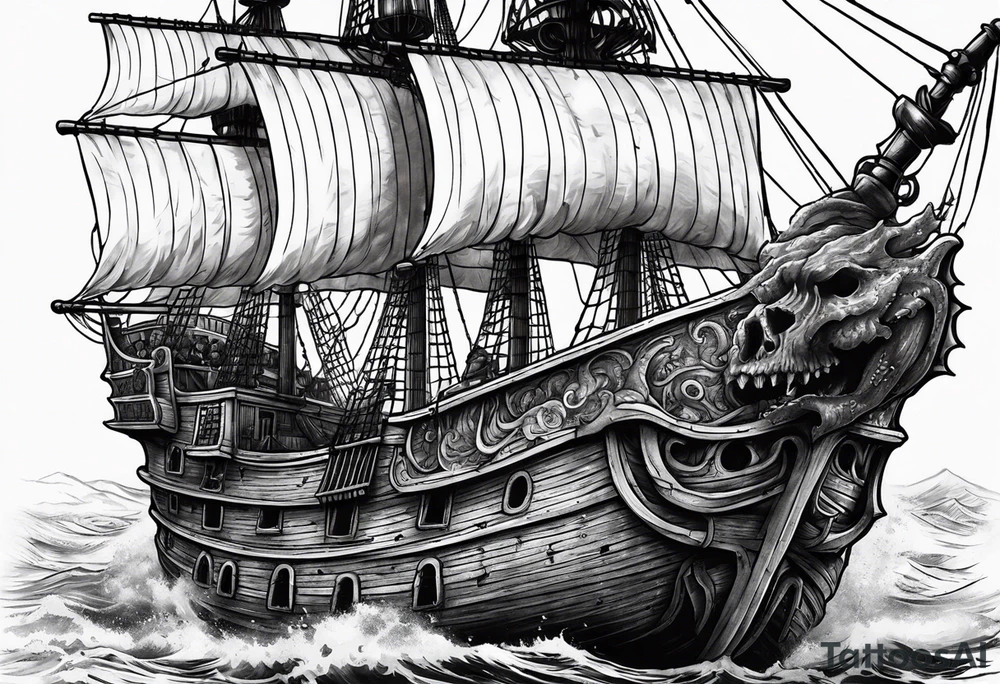 pirate ship with large skull for the bow of the ship being eaten by a kraken tattoo idea