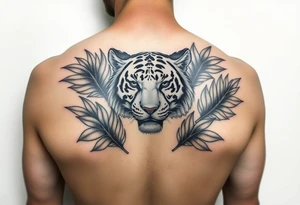 Tiger within palm leaves tattoo idea