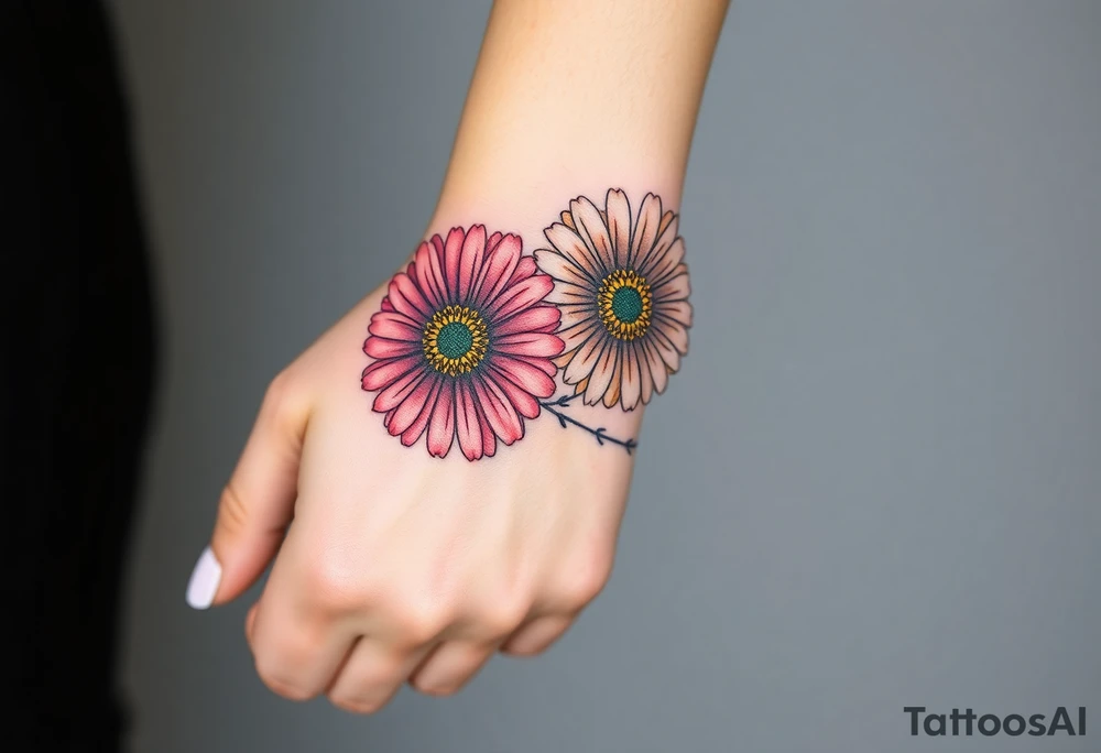 Gerber daisys wrap around wrist to cross on forearm with rich color tattoo idea