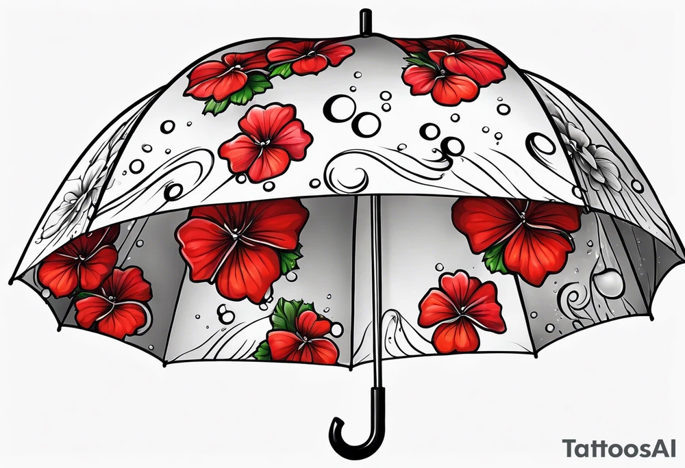 Upside down umbrella filled with geraniums rain droplets tattoo idea