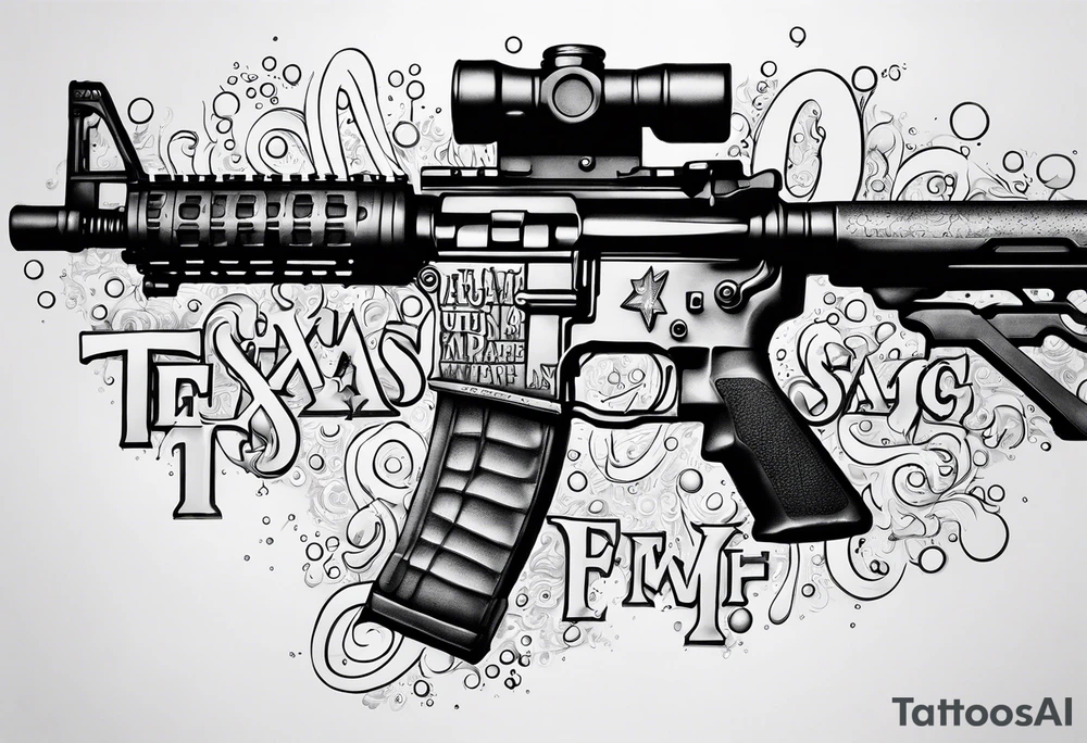 AR15 dripping syrup and the words Texas Made in bubble tag letters on top of the AR tattoo idea