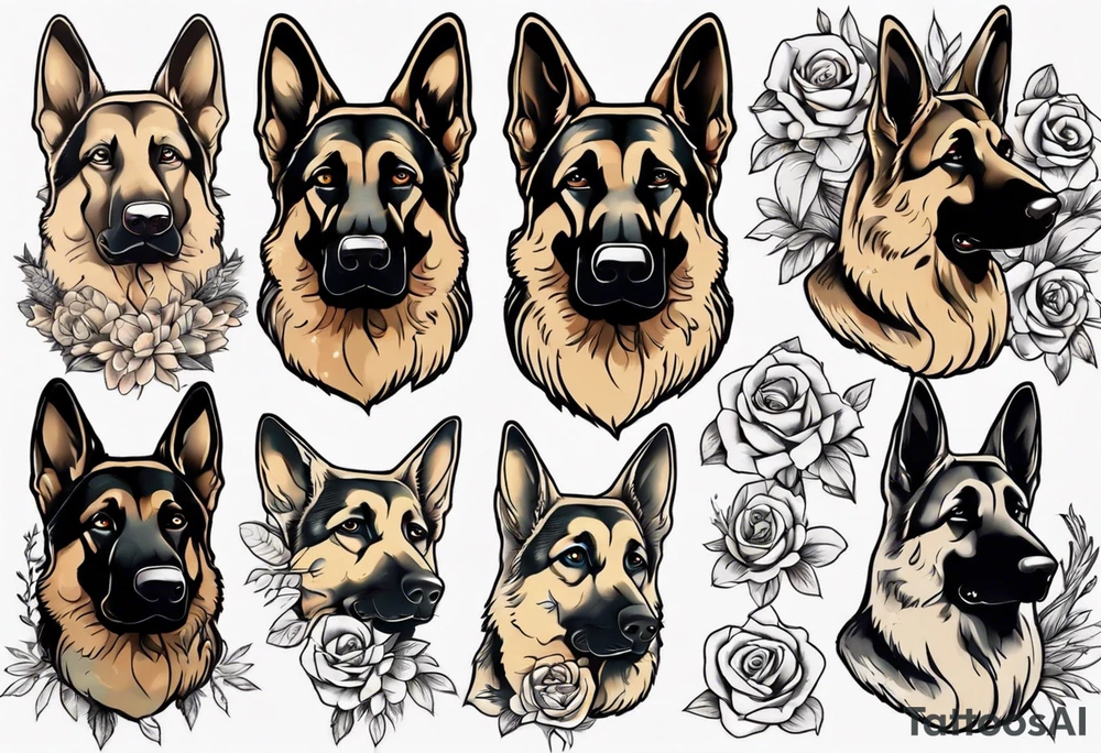 German shepherd portrait flowers tattoo idea