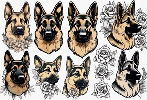 German shepherd portrait flowers tattoo idea