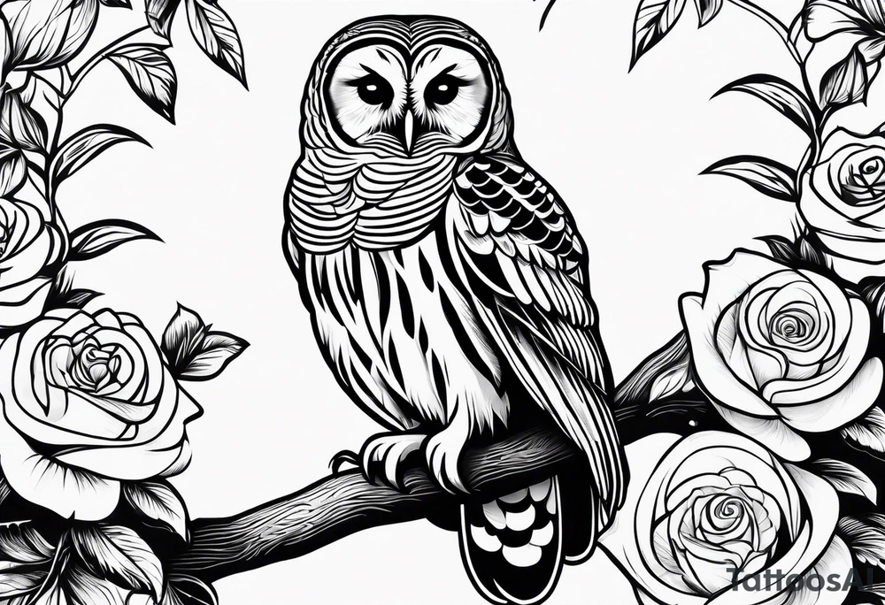 Barred owl with a single rose tattoo idea