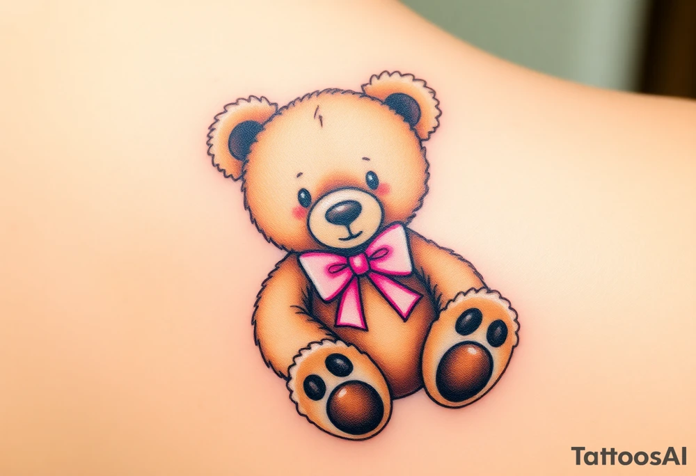 realistic tan teddy bear with black paws and a pink bow around its neck tattoo idea