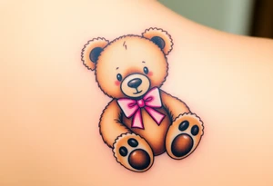 realistic tan teddy bear with black paws and a pink bow around its neck tattoo idea