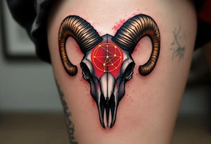 This bold Aries piece features the constellation in gold thread across a ram skull shaded in black and crimson. tattoo idea