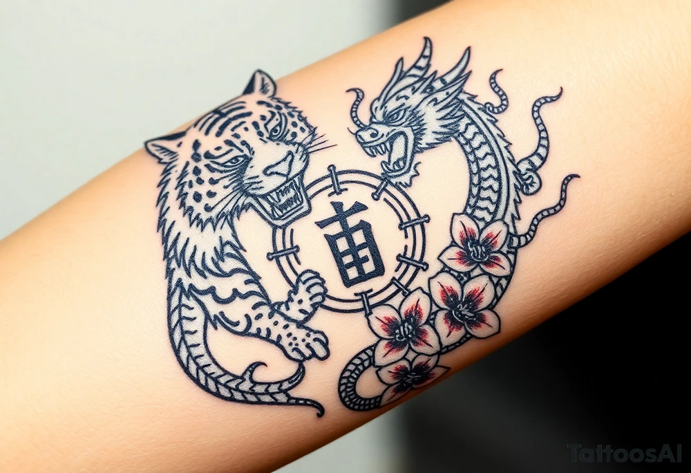 Fierce tiger and dragon surrounding Japanese symbol for “love” while being surrounded with red spider lily’s and smoke tattoo idea