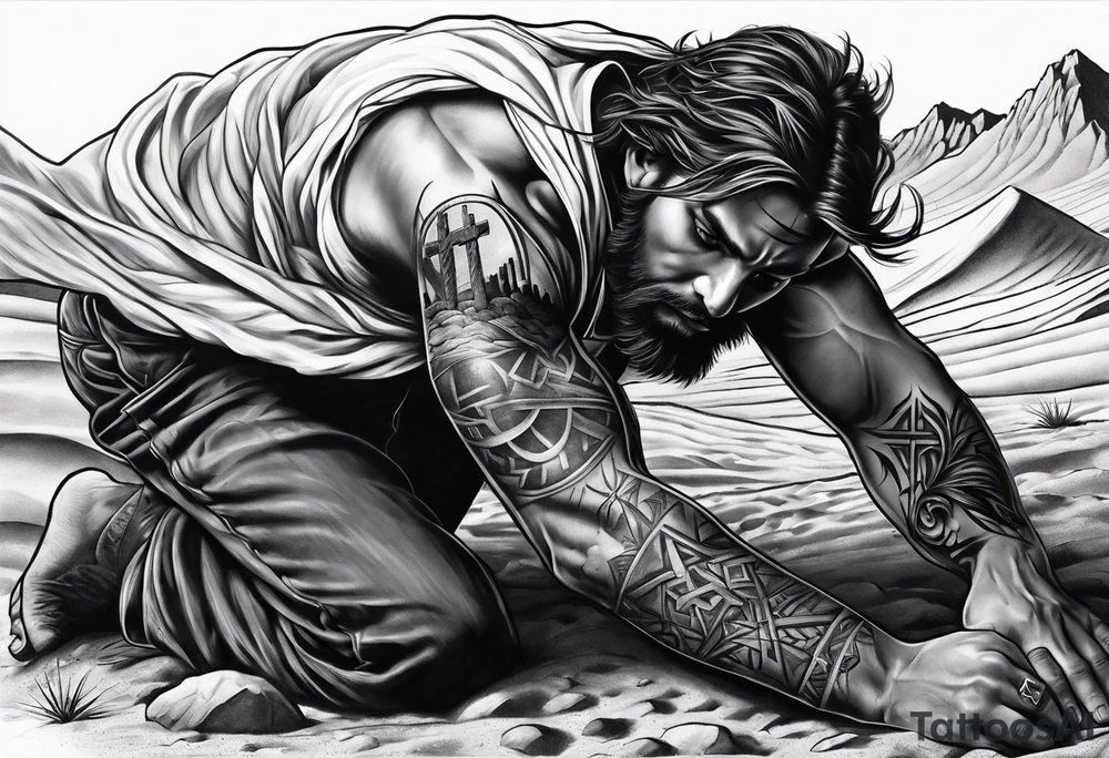 man crawling in a desert toward the cross of Christ tattoo idea