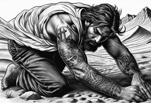 man crawling in a desert toward the cross of Christ tattoo idea