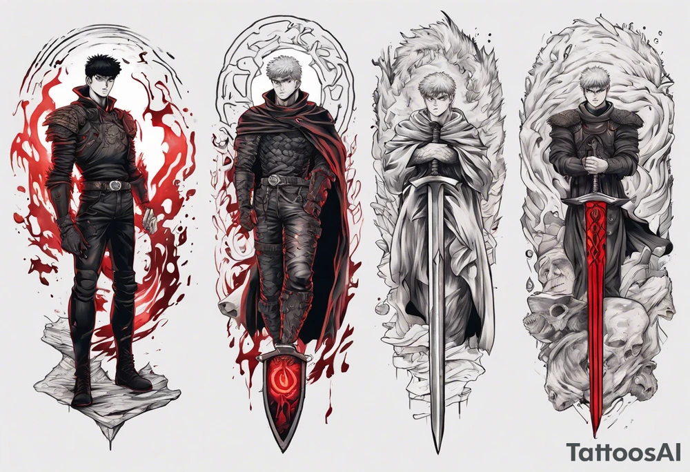 guts from berserk, griffith from berserk, busker sword, curse mark, red glowing elements, neotraditional style sleeve tattoo idea