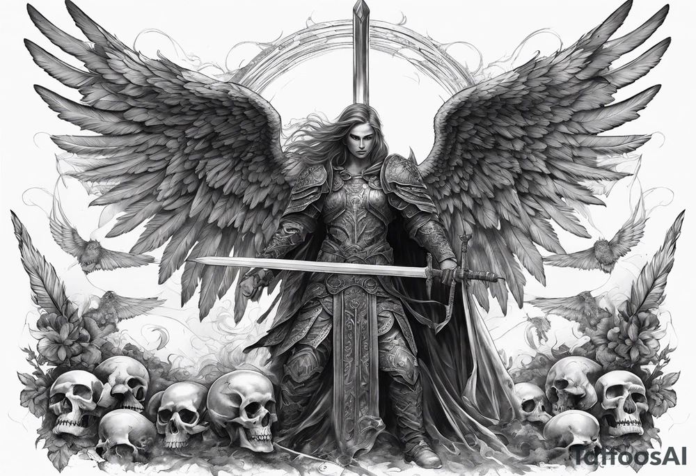realistic angel of death, full body, without face, holding one sword in both hands, sword pointing downwards, skulls lying on the ground tattoo idea