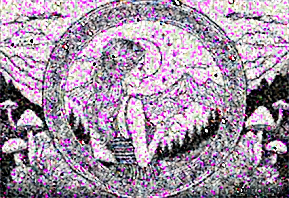 Straight blonde hair girl facing away toward mountains surrounded by mushrooms crescent moon mandala circular design black and white striped dress tattoo idea