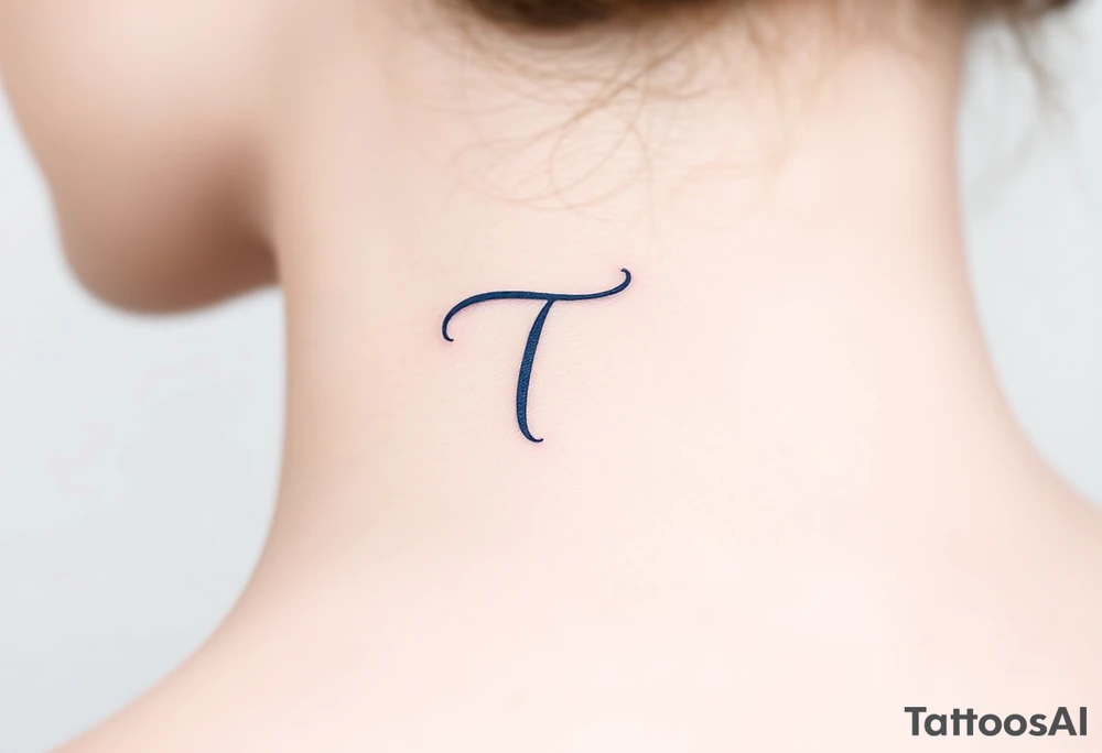 A handwritten "T" in indigo ink, underlined with a delicate wave. tattoo idea