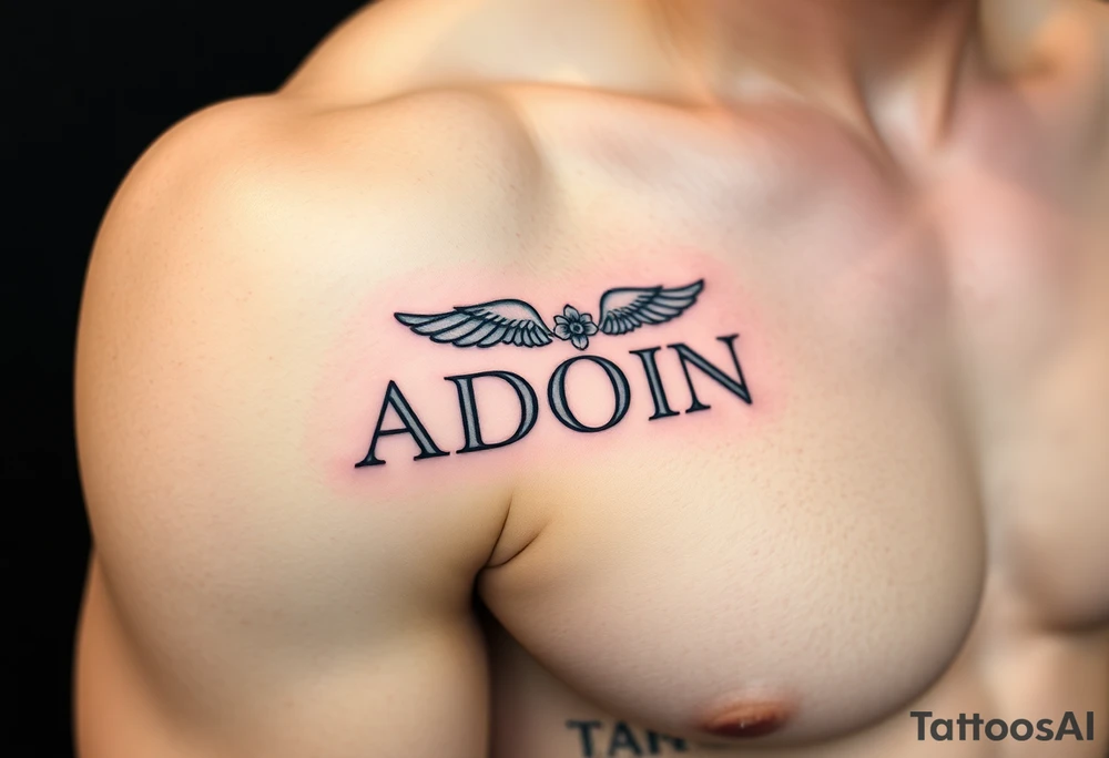 vertical Adonis over Psyche tattoo, black line art, outer arm, minimalist Greek letters with wing and flower accents tattoo idea