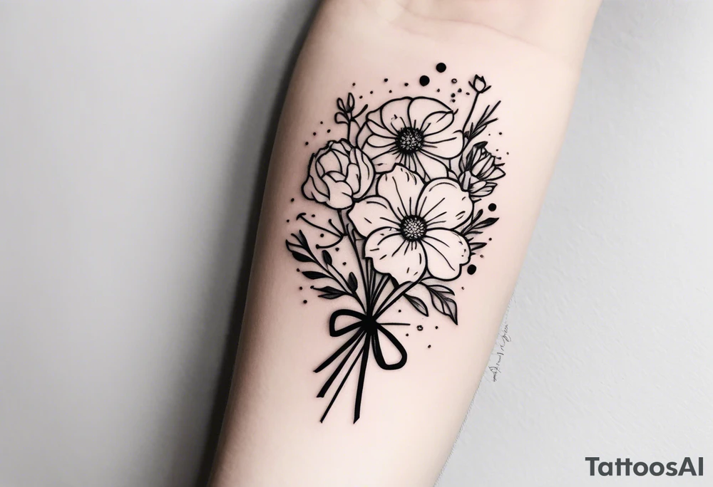small minimalist black and white tattoo of a cute flower bouquet that MUST include 6 DIFFERENT flowers with ONE OF EACH: a carnation, a daffodil, a lily stock, a rose, a cosmos, and a chrysanthemum. tied together with a small bow tattoo idea