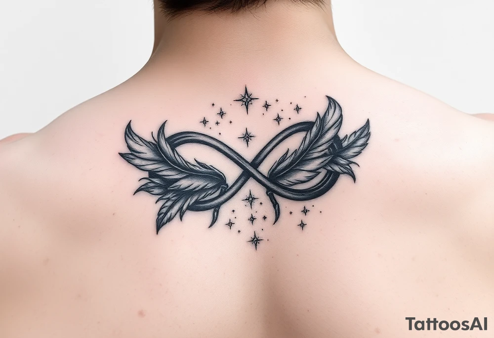infinity symbol woven with floating feathers and stardust tattoo idea