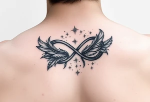 infinity symbol woven with floating feathers and stardust tattoo idea