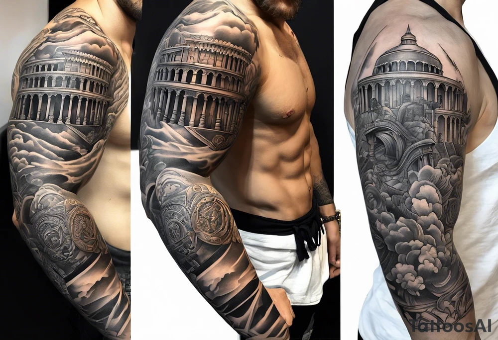 Romain Gladiator full sleeve right arm. Can have Roman buildings, sunset, clouds, fire (no animals) tattoo idea