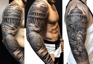 Romain Gladiator full sleeve right arm. Can have Roman buildings, sunset, clouds, fire (no animals) tattoo idea