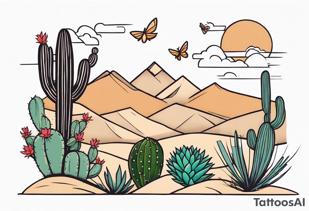 Modern Mexican style small moth flying over a desert garden with cactus and small succulents tattoo idea