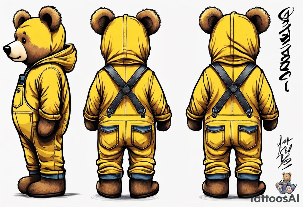 the back of a standing skinny, brown ,
teddy bear in yellow , long overalls tattoo idea