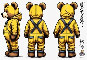 the back of a standing skinny, brown ,
teddy bear in yellow , long overalls tattoo idea