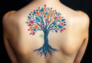 A watercolor tree with deep roots and multicolored leaves, each shade representing a different family member’s personality tattoo idea