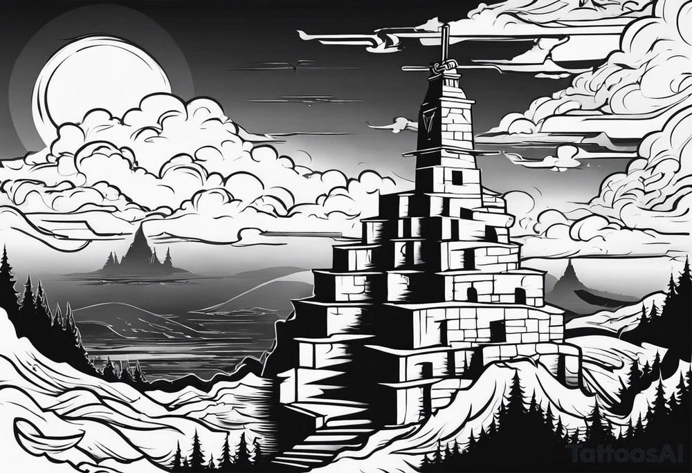 Valhalla 
 sword stairs axe mist fog tattoo idea