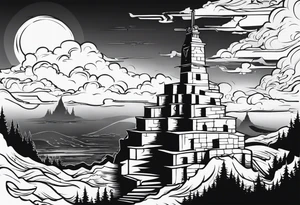 Valhalla 
 sword stairs axe mist fog tattoo idea