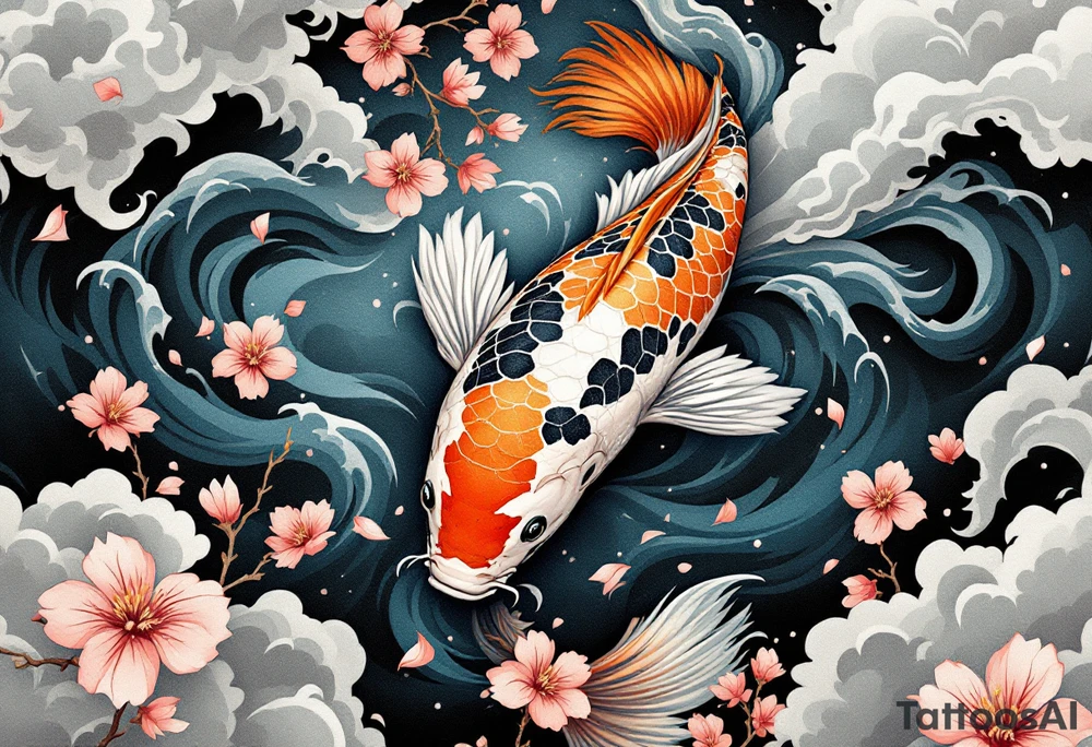 Koi carp swimming upstream through swirling water and cherry blossom petals – A strong, elegantly detailed koi with shimmering orange, white, and black scales, leaping against a backdrop of deep blue waves. Surrounding the koi are soft pink cherry blossoms drifting in the current, and gray mist clouds curling around the water for a dynamic, powerful composition. tattoo idea