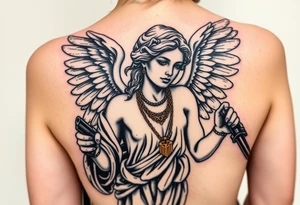 old angel statue in criminal style, tattooed and at the same time contemporary, weapons in hand, gangster-style gold necklaces tattoo idea