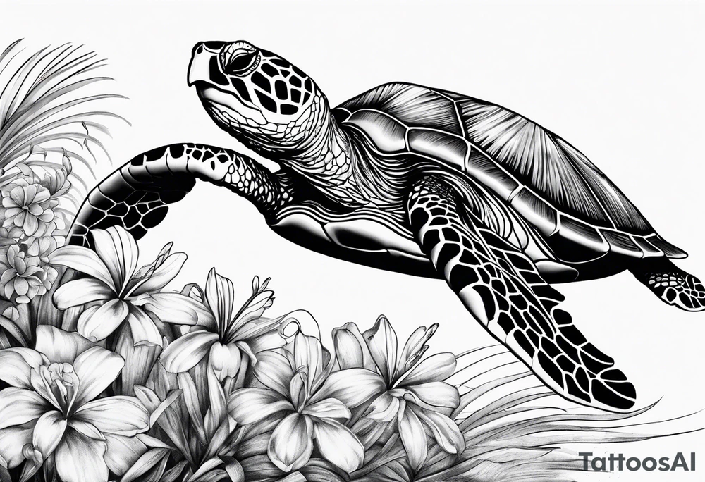 wave, turtle, flower, palm tattoo idea