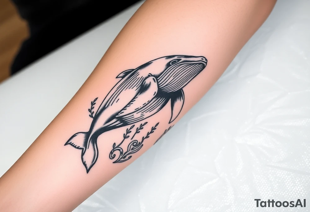 Forearm design, size = most of forearm.   Illustrative B/W with mix of heavy and light linework, detail, shading and artistic styling.   Humpback whale that is breaching.  Kelp underwater framing whale as it emerges. tattoo idea