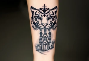 in a dorsal view of the hand and forearm a tiger face with black hollowed eyes, then above a orthodox church shrouded with a mist and fading into a virgin mary overlooking tattoo idea