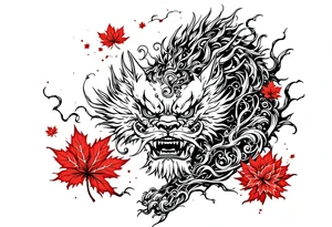 mythical Foo Dog (Half dog, half lion)  with wind and red maple leaf tattoo idea