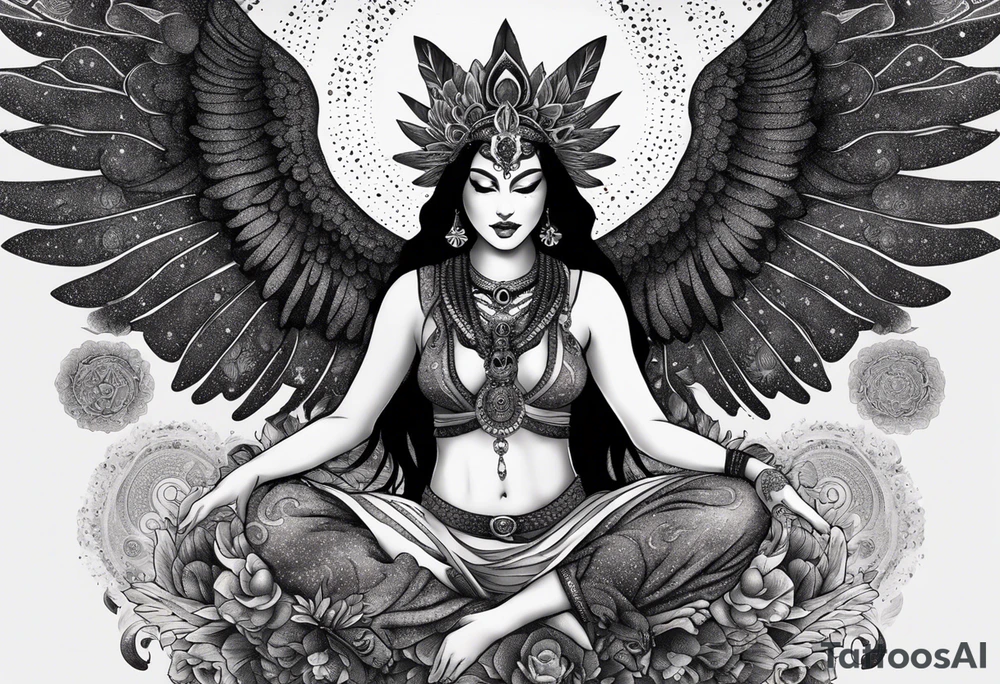 black kali, goddess pirate, alien, angel, pachamama, valkrye, warrior, flying, skull, lotus azul, wing, eagle, zenza resonance, stars, 5D, anahata chakra, death, durga, riding on a tiger, flying lady, kundalini, chest tatoo, samuri, rebel,serpent tattoo idea