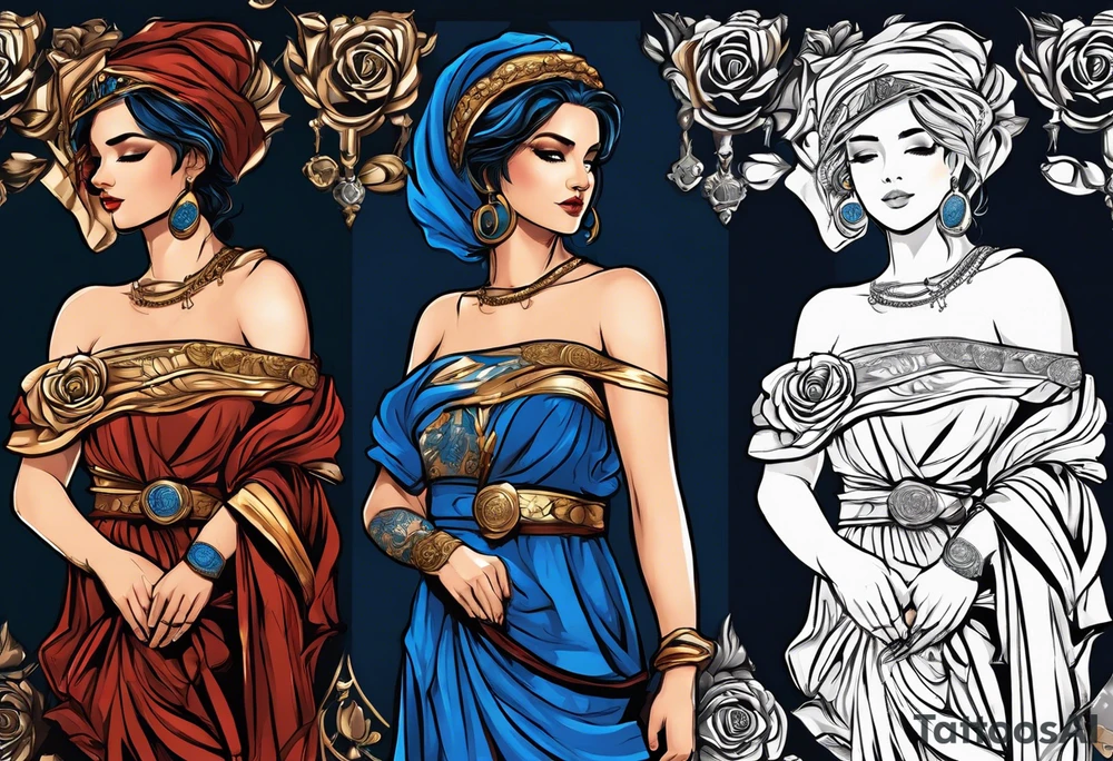 ancient rome clothes women, with scale in one hand, blue rose frames, justicia tattoo idea